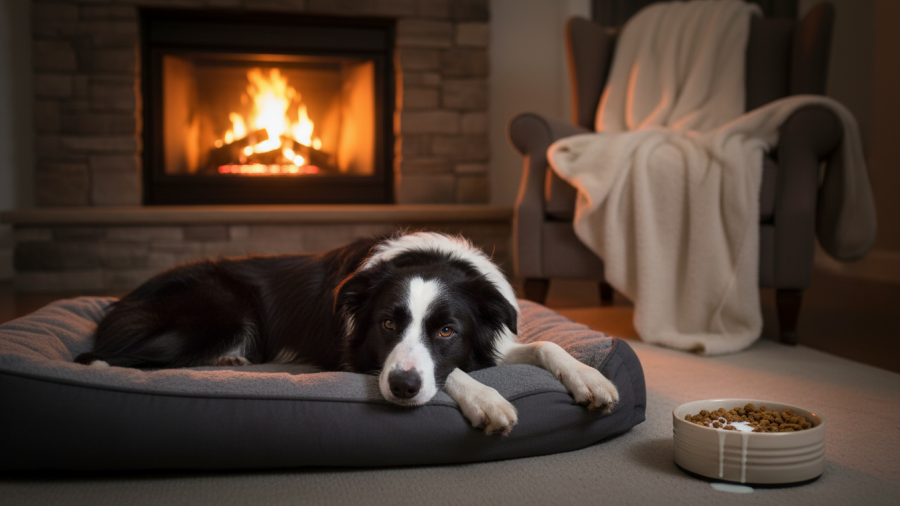 Border collie relaxing by a fireplace, showcasing natural calming solutions for pets.