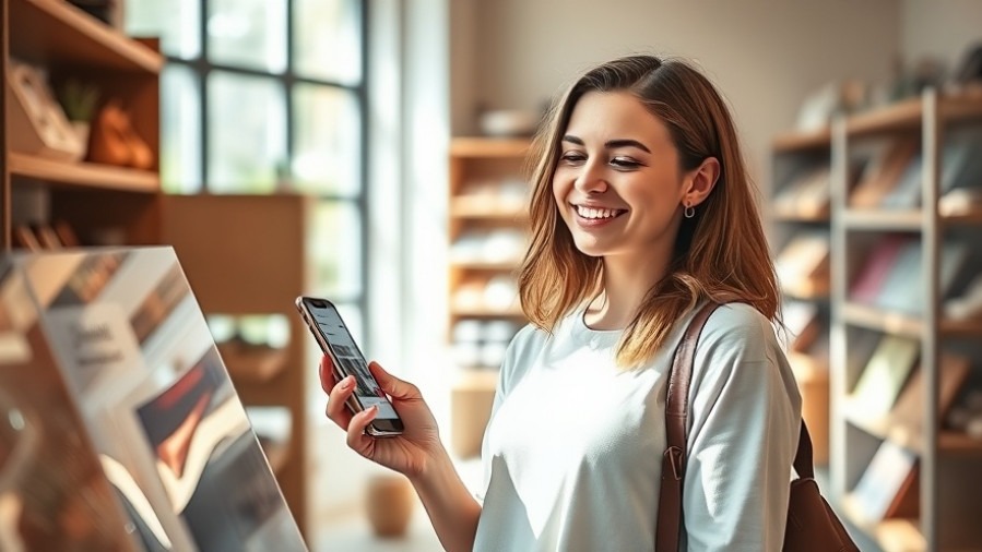Young woman joyfully scanning a QR code in a boutique, embodying AI in marketing.