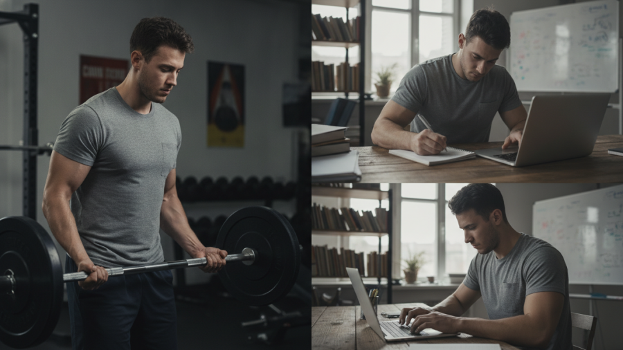 Focused young man balancing spa business success through gym workouts and planning.