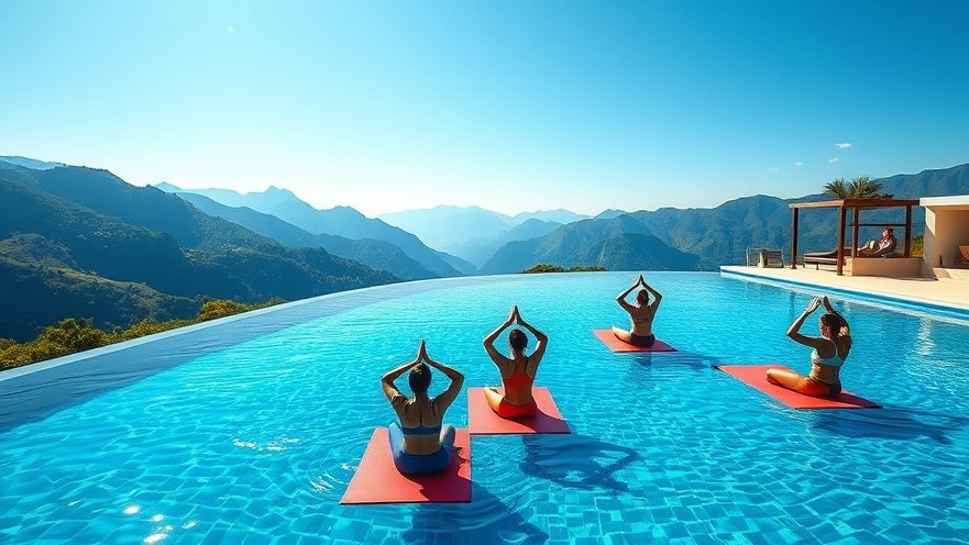Photorealistic yoga group on floating mats in scenic pool, surrounded by mountains.