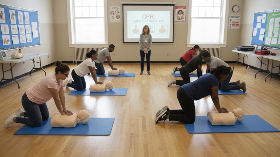 CPR class demonstrating emergency preparedness for spas and safety risk management.