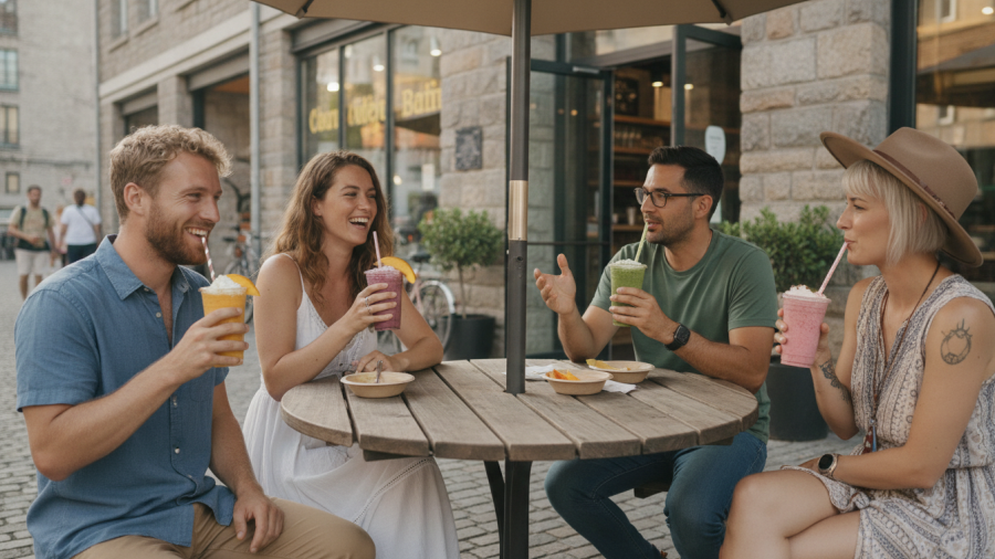 Group of friends enjoying healthy smoothies at a Sacramento smoothie bar.