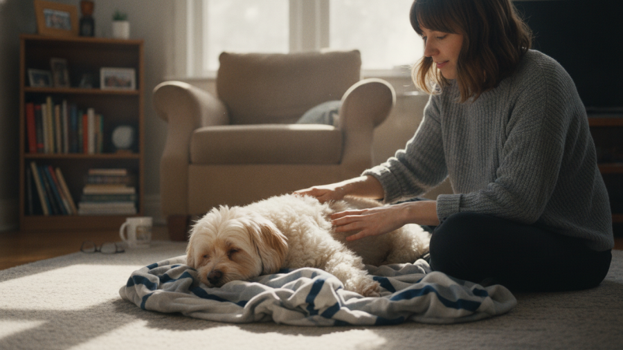 Owner gently pets a relaxed dog at home, fostering comfort amid common dog lumps.