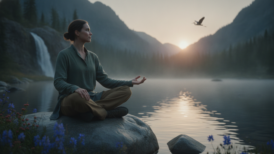 A serene figure embodies how to stay calm under stress, balancing tranquility and alertness.