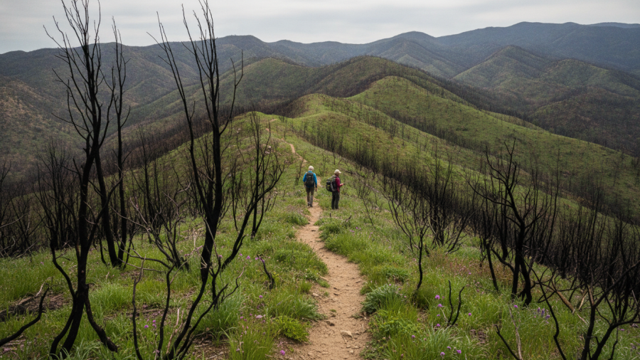 Hikers passing fire-scarred shrubs and returning vegetation on a Stebbins Cold Canyon ridgeline