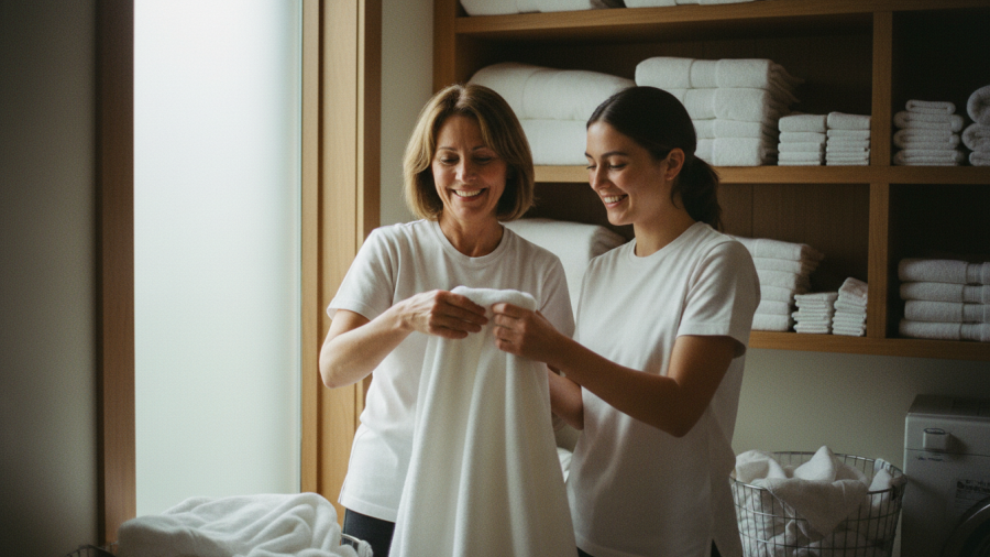 Spa owner collaborates with staff, folding fresh linens in a warm, natural light.