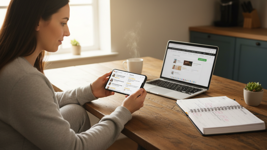 Client compares local spas on her phone, influenced by online reviews.