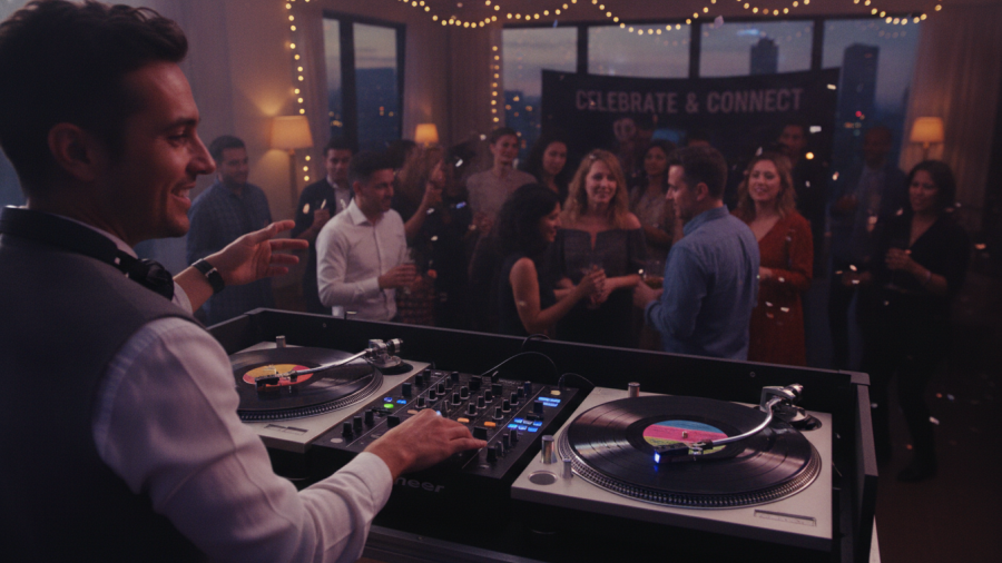 DJ mixing vinyl in a private party setting, creating a connected atmosphere.