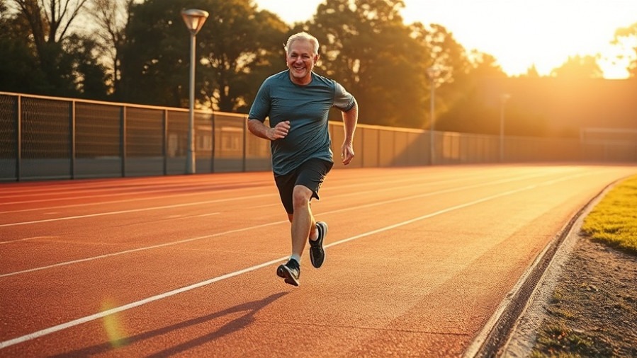 Man in his fifties performs light hops outdoors, promoting bone health through impact training.