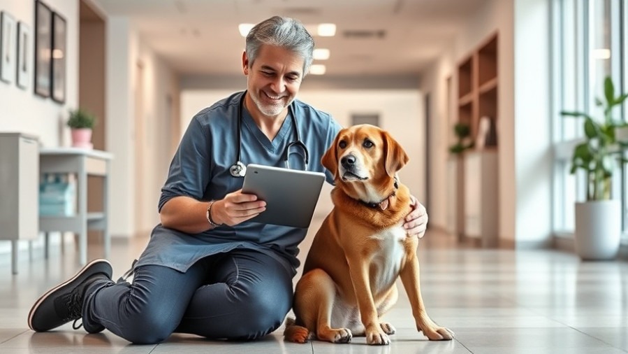 Holistic pet care: a dog in a vet clinic with its owner and a caring veterinarian.
