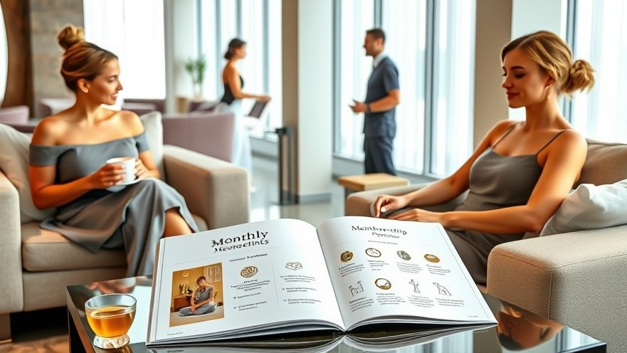 Modern spa lounge with women enjoying tea and exploring membership options.