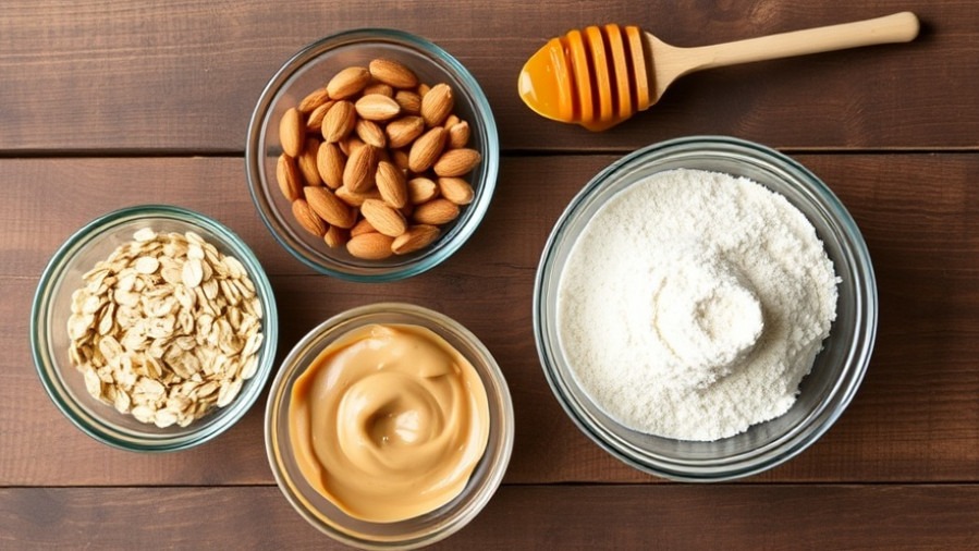 Protein bar ingredients layout: oats, almond butter, honey & protein powder for healthy snacks.