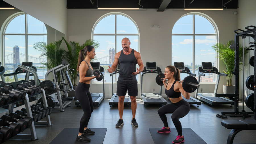 Sacramento fitness guidance with a personal trainer motivating clients in a modern gym.