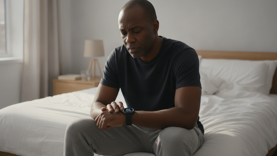 Middle-aged Black man checks smartwatch for sleep data, reflecting wellness fatigue.