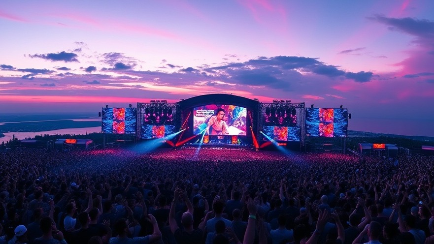 Festival-goers at Breakaway wave to the music under a pink twilight sky.