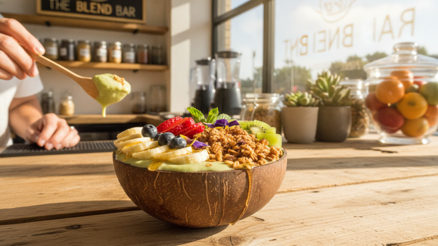 Delicious healthy smoothie bowl with fruits and granola at a Sacramento smoothie bar.