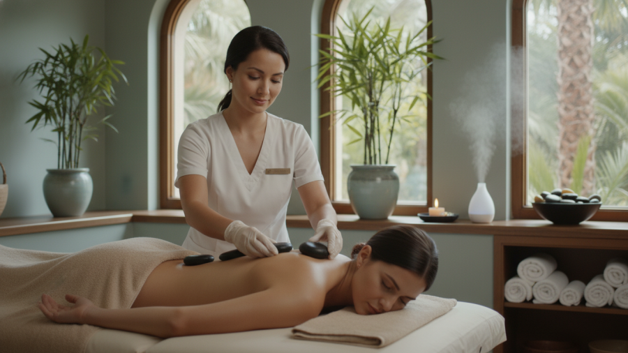 Therapist using hot stones for massage in a serene Sacramento spa.