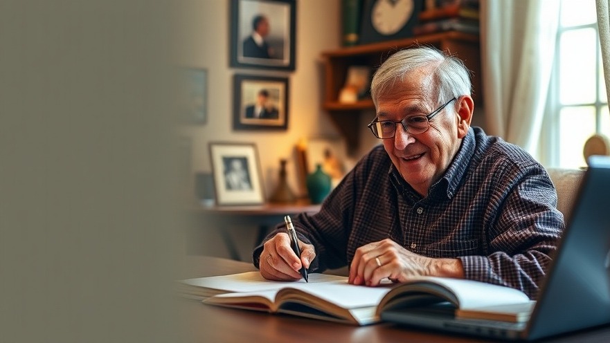 Sam Baker, 95, embodies personal growth at his writing desk, reflecting lifelong learning.