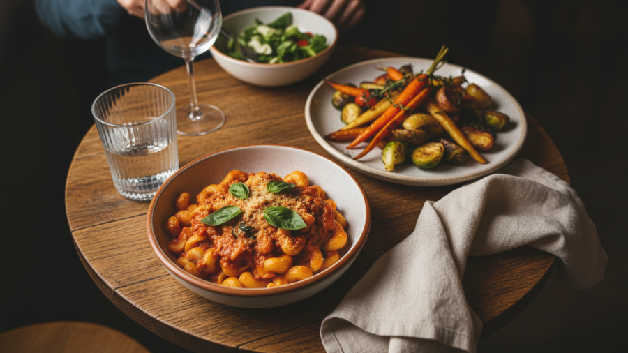 Delicious vegetarian comfort food ideas on a cozy dining table.