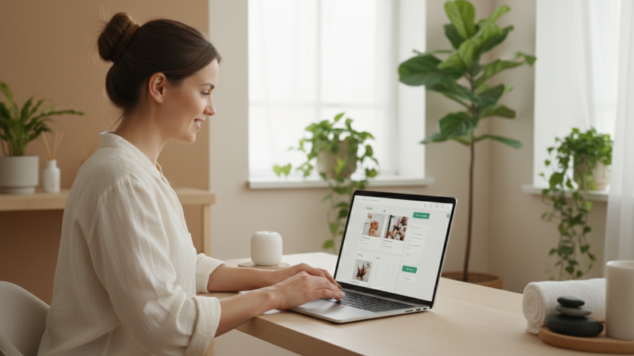 Spa owner updating website with drag-and-drop editor in a calming workspace