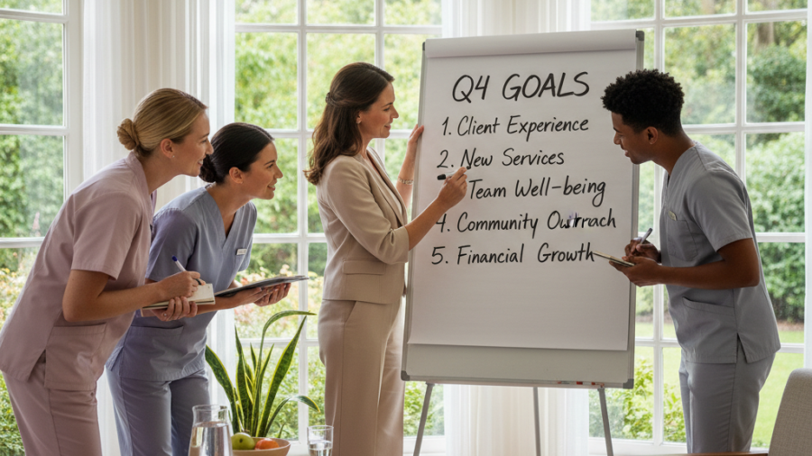 Spa owner leading a team in strategic planning, inspired by Daymond John's leadership lessons.