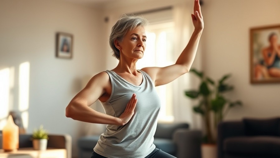 Mid-50s woman doing yoga for women's health fitness in a serene living room.