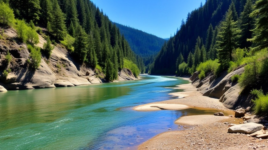 Tranquil river in a forested canyon with sunlit rocks and evergreen trees.