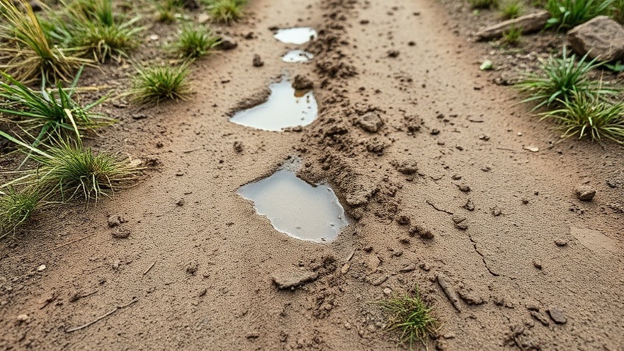Close-up of a muddy dirt trail showing detailed footprints and wet patches.