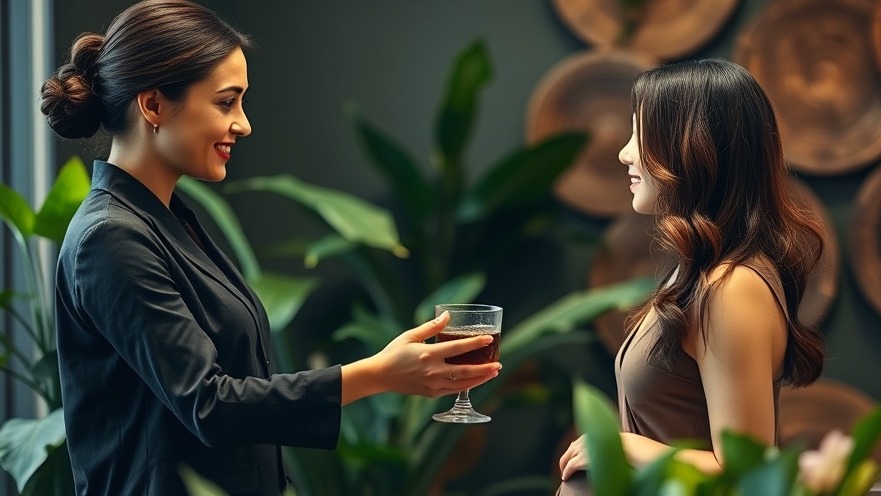 Spa receptionist greets returning client with tea blend, showcasing luxury and personalization.
