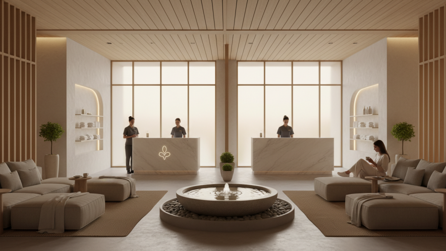 Serene spa interior showcasing intentional design with soft lighting and calm atmosphere.