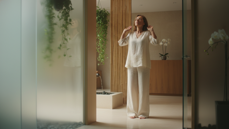 Relaxing spa entrance with a guest breathing deeply in natural light