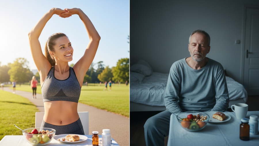 Two people experiencing varied outcomes from the same food plan, highlighting nutrition awareness.