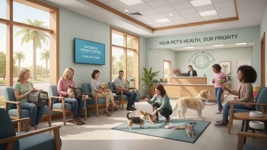 Pet owners and pets relax in a Sacramento veterinary clinic waiting area.