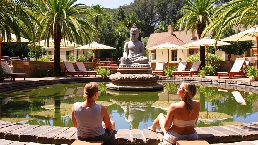 Two women converse peacefully by Buddha Pond in Calistoga resort.