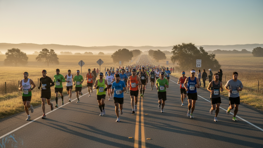 Runners on a serene stretch of the Sacramento Marathon course, showcasing running community achievements.