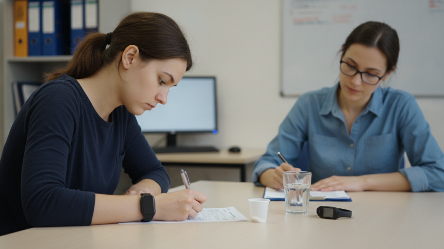 Research participant completing a questionnaire during a controlled vitamin C study.