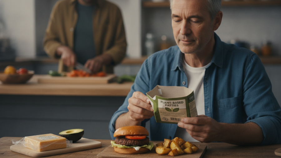 Man examining healthy food labels in Sacramento, preparing a realistic plant-based burger.