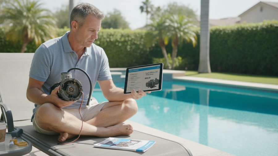 Homeowner considering pool pump repair vs replacement options by the pool.