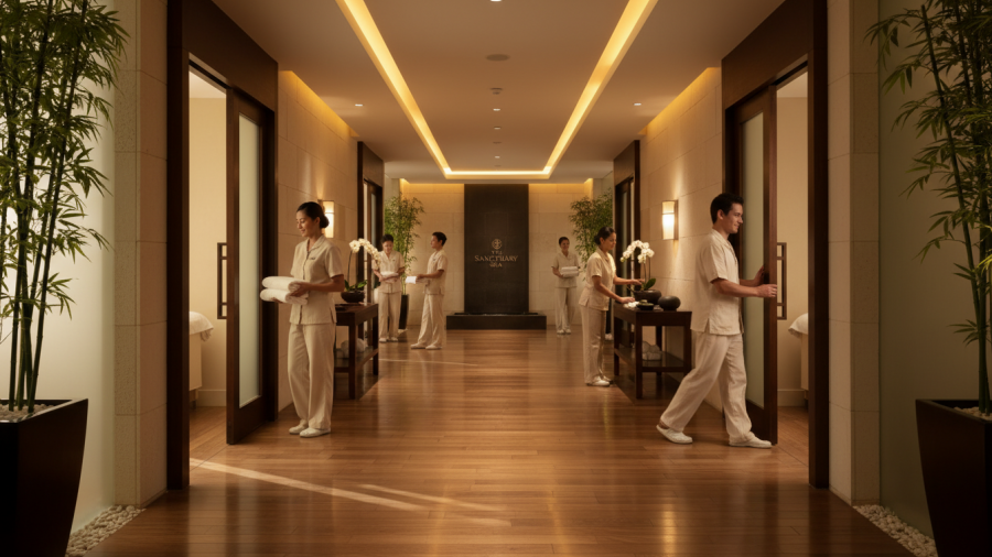 Peaceful spa hallway at closing time, warm light creating a serene atmosphere.