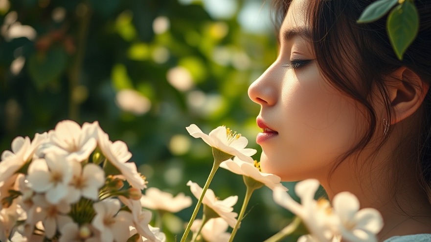 Person enjoying blooming flowers, evoking scent memory and emotional connection.