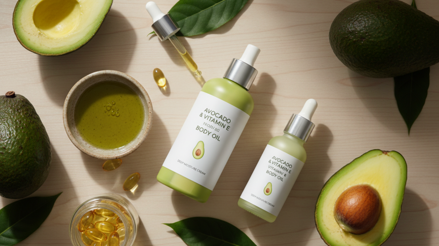 Explore body care products featuring avocado oil benefits and Vitamin E for spa-like self-care.