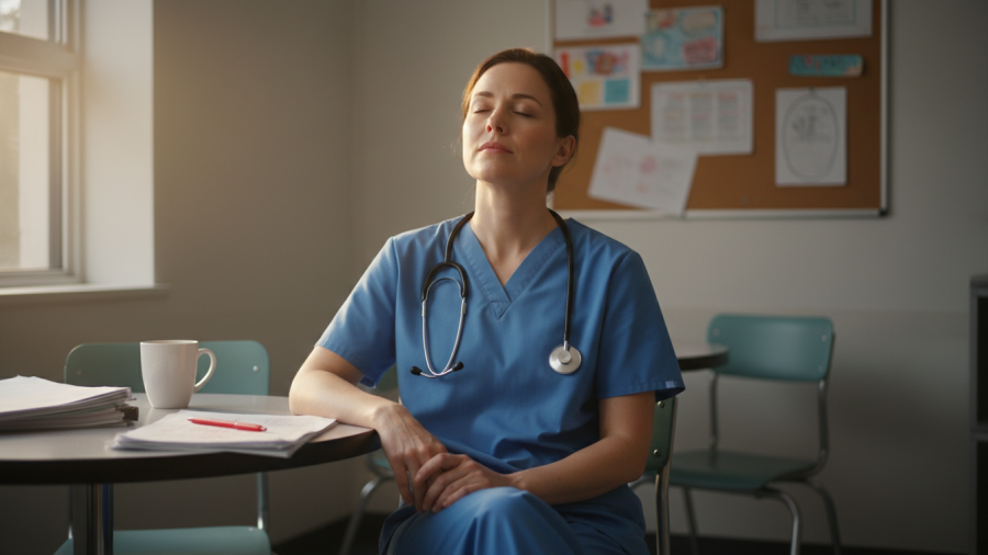 Fatigued healthcare worker finds restorative calm through mindfulness.