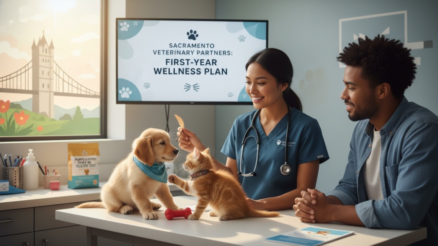 Sacramento puppy and kitten at vet checkup for first-year care.