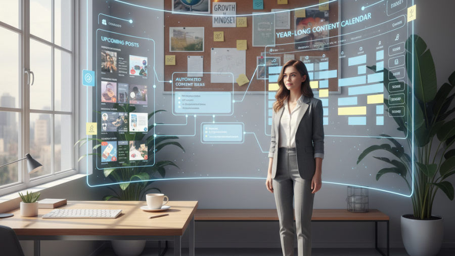 A business owner reviews AI content creation tools and social media automation strategies.