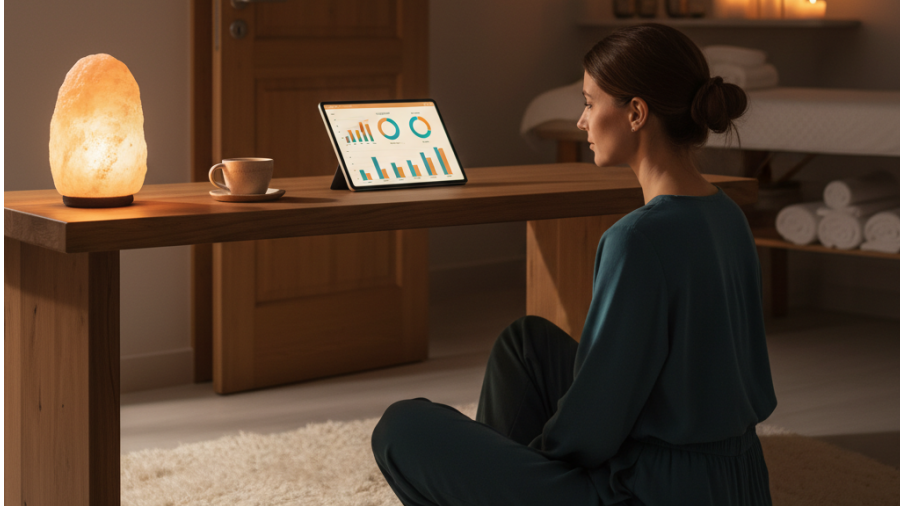 Spa owner reflects on performance metrics in warm, serene ambiance.