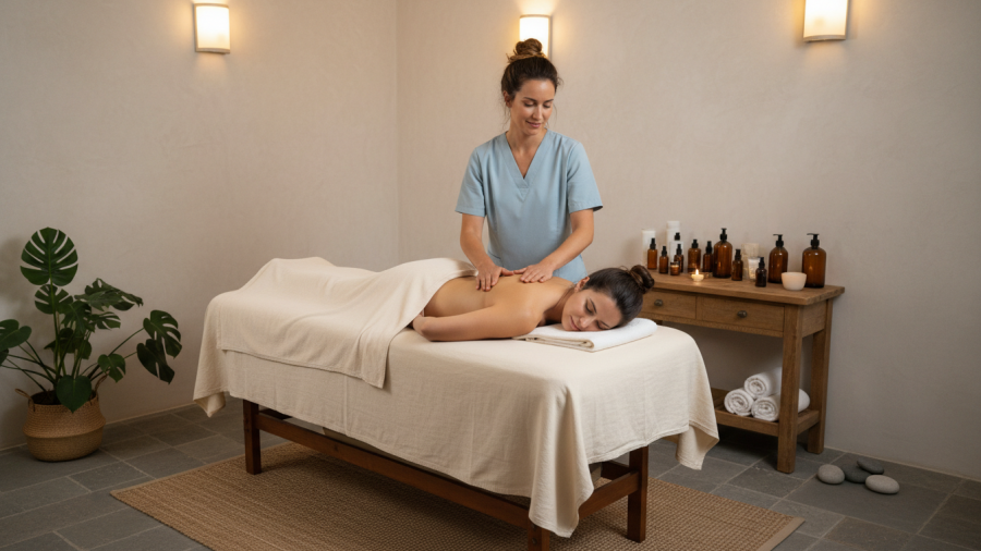Therapist providing massage in a calming Eugene spa, showcasing how long relaxation lasts after spa.