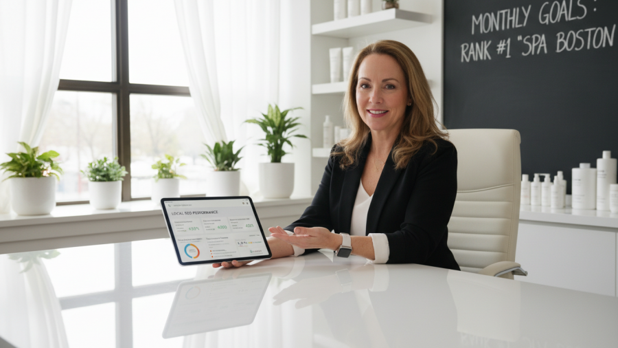 Spa owner analyzing performance metrics on a tablet in a bright spa office for local SEO.