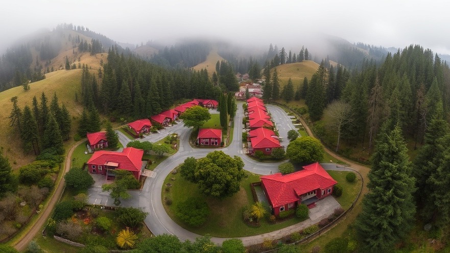 Aerial view of Sycamore property with rolling hills and misty woodlands.