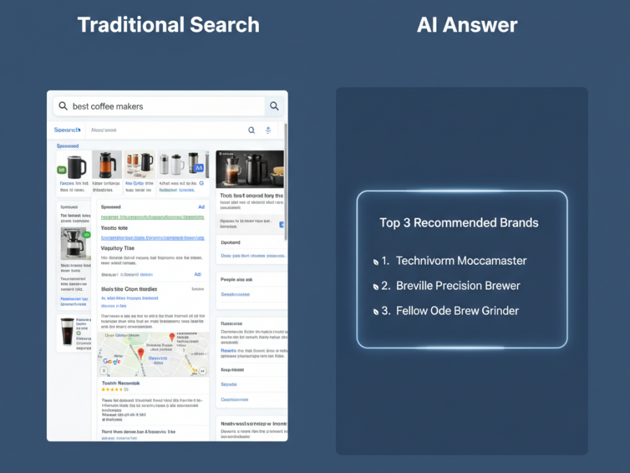 Comparison of traditional search vs AI search analysis highlighting competitor visibility tracking.