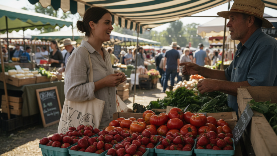 Vibrant farmers market showcasing seasonal eating and local food sourcing.